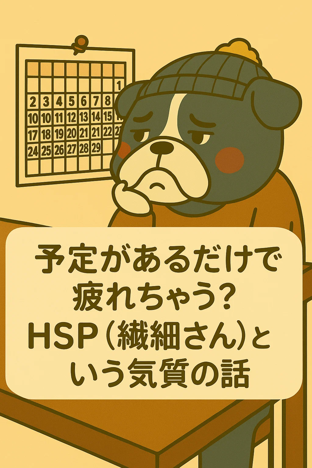 予定の詰まったカレンダーを見ながら、疲れた表情を浮かべる帽子をかぶった犬のキャラクター。「予定があるだけで疲れちゃう？HSP（繊細さん）という気質の話」と書かれたテキスト入り