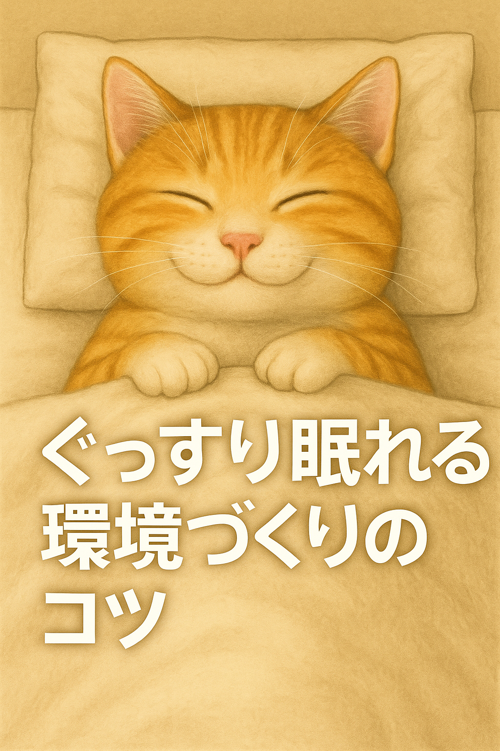 布団でぐっすり眠っている猫のイラスト｜ぐっすり眠れる環境づくりのコツのブログアイキャッチイラスト