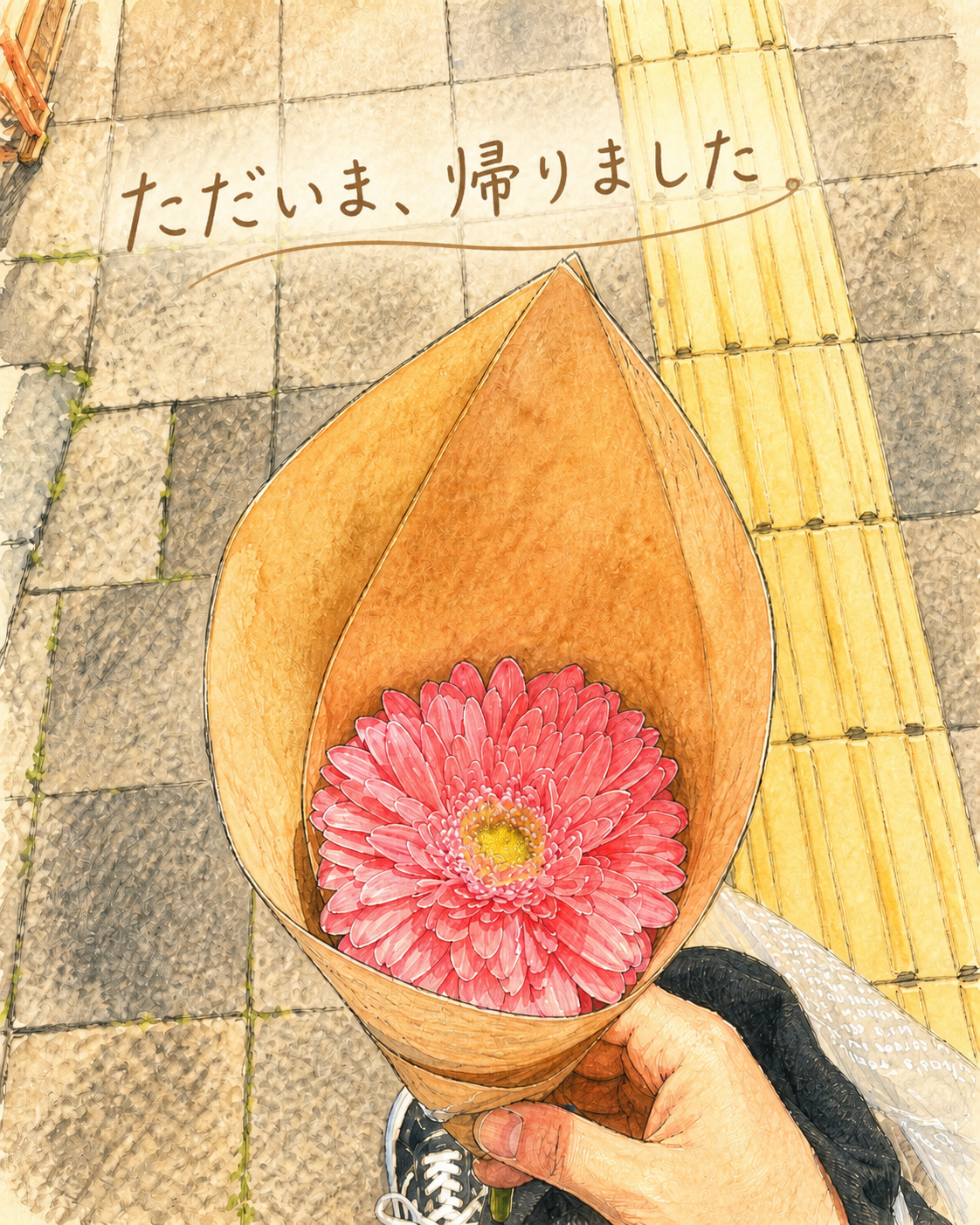 ただいま、帰りましたと書かれたやさしい花のイラスト